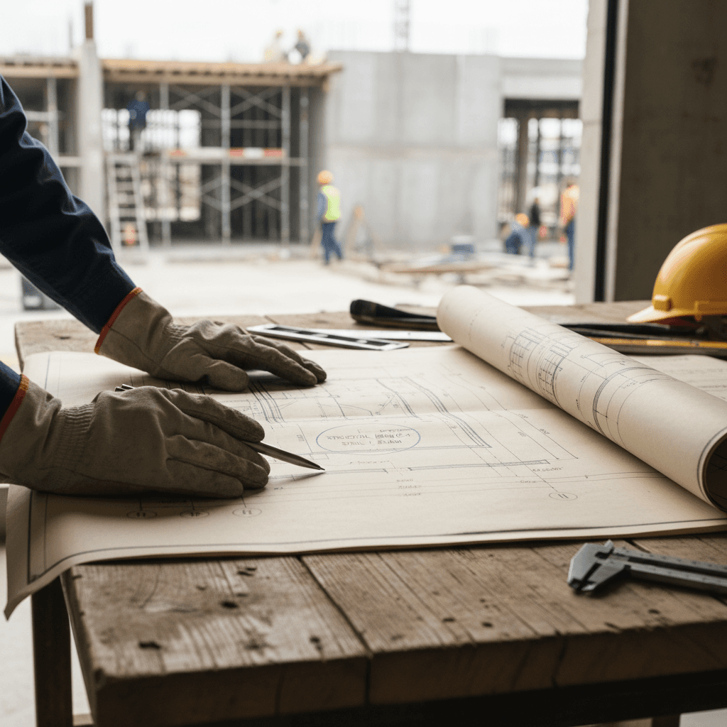 Engineering team collaborating on construction project